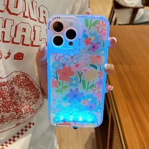 Voice controlled luminous pink flower oil painting phone case, personalized caller luminous phone case, couple style phone case suitable for XS/XR/XS MAX/11/12/13/14/15/16/17 Pro/Pro Max/Plus retro colorful flower women's protective case