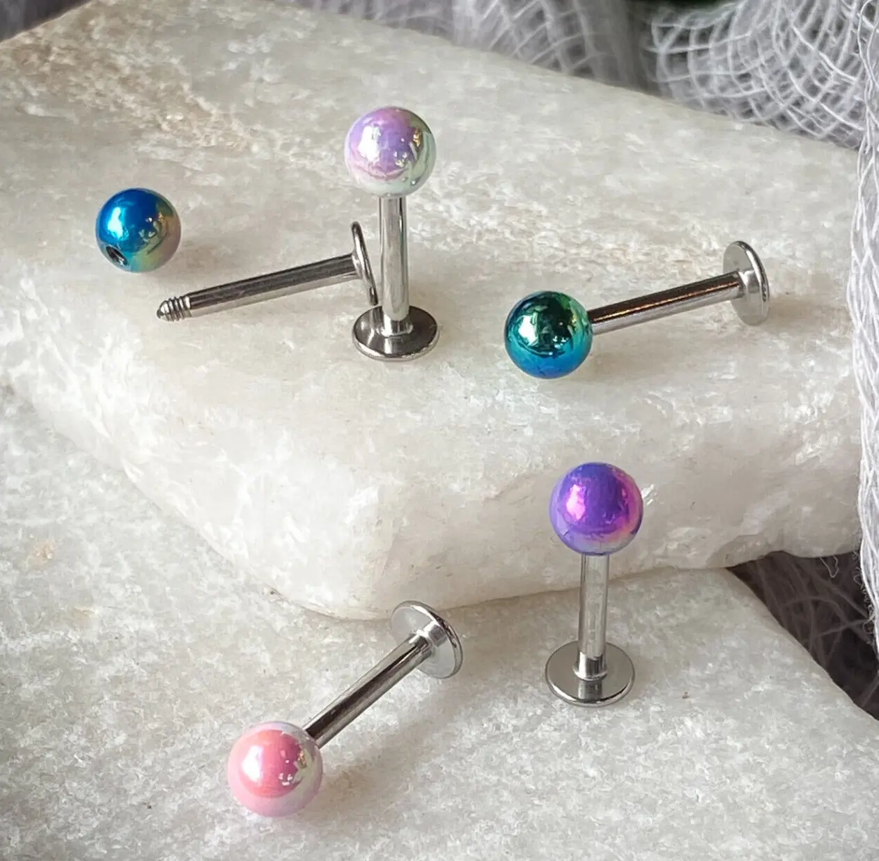 5pc Bulk Pack Metallic Iridescent Labrets Cartilage Monroe Medusa Studs