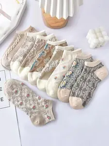 Women's 9 Pairs Floral Print Ankle Socks, Comfort Breathable Knit Low Cut Casual Aesthetic Chic Elegance Style Everyday Socks, Multi-pack Thin Fabric Anklet for Girls, Women's Hosiery, Womenswear, Sock Packs
