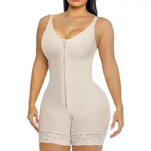 Women's 2 Tone (Nude & Black) Full Body Shaper Faja, Zipper Waist Trainer Bodysuit with Adjustable Straps & Lace Trim, Tummy Control Shapewear for Wedding/Daily/Postpartum, Hot Selling Fajas Colombianas Comfortable Breathable Pregnancy shorts shapewear