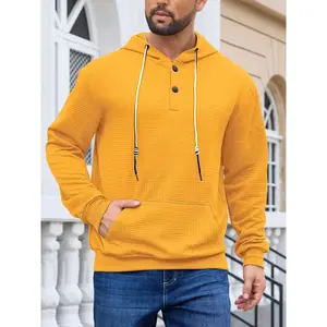 Men's outdoor pullover hoodie with drawstrings, half-placket button design, large pockets on the front side, suitable for daily casual wear weekend outings, etc., made of soft and comfortable fabric for autumn and winter.