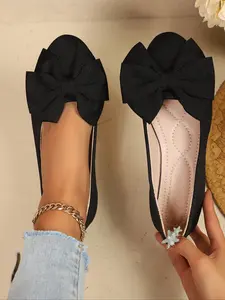 Bow Heeled Single Shoe for Women, Cute Heart Pattern, Textile Material, Rubber Sole, Less Than Ankle Height, All Seasons, Bowknot Design Shoes, Footwear