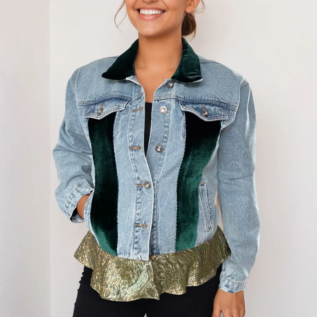 Emerald Velvet & Gold Crystal Embellished Denim Jacket