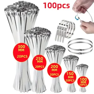 100pcs Stainless Steel Zip Ties, Rust Resistant, Self-Locking, Corrosion Resistant, Durable Metal Straps, Multi-Purpose, Wire