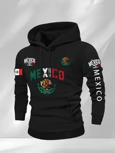 Mexican Coat of Arms Patchwork Hoodie, Soft Comfortable Casual Home Wear, Mexican Flag Graphic Print Cultural Style, Perfect for Relaxing at Home