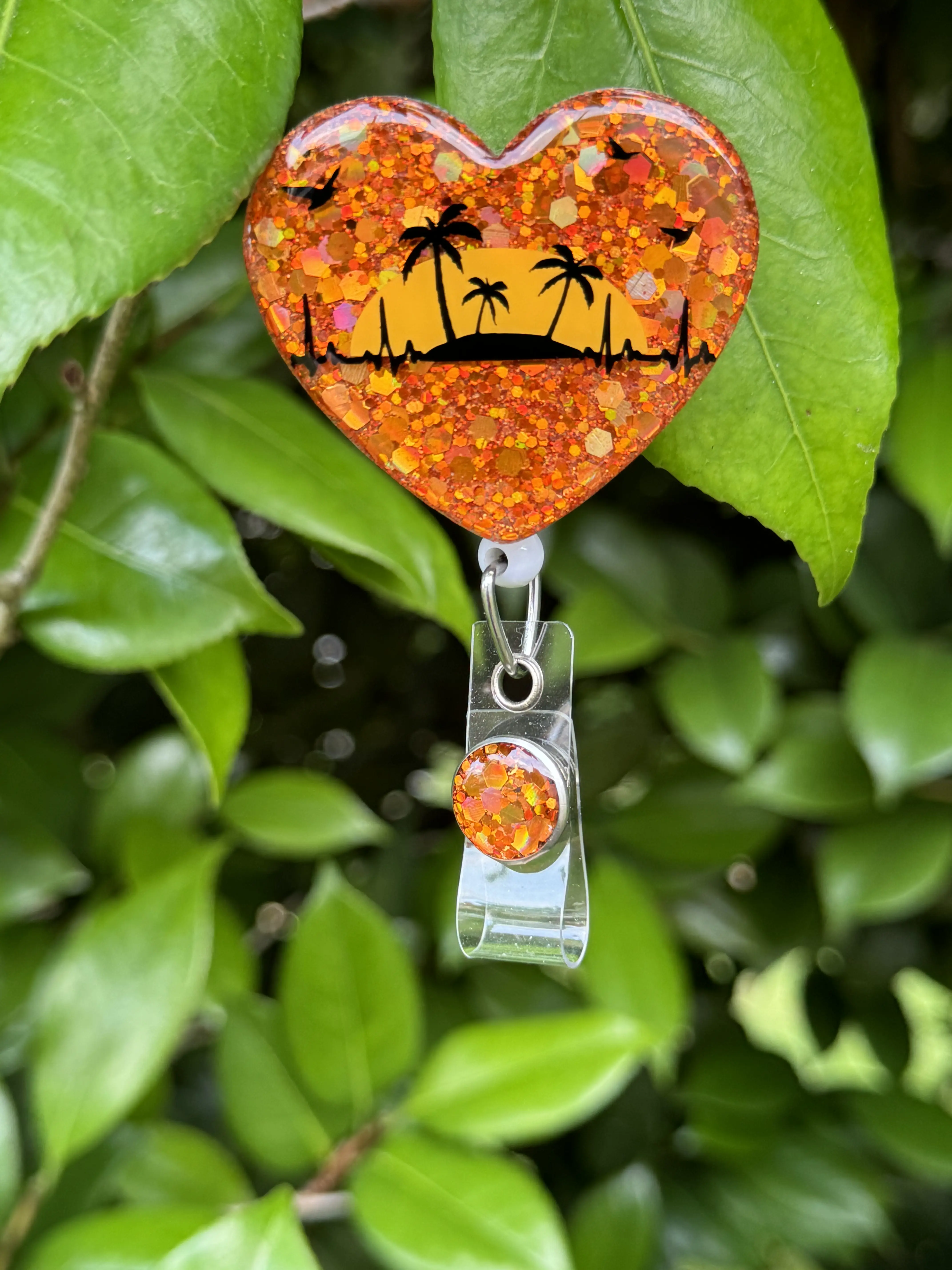 Sunset Beach Heart Badge Reel - 2" Cute Beach Heartbeat Design with Retractable Swivel Alligator Clip for Easy Access