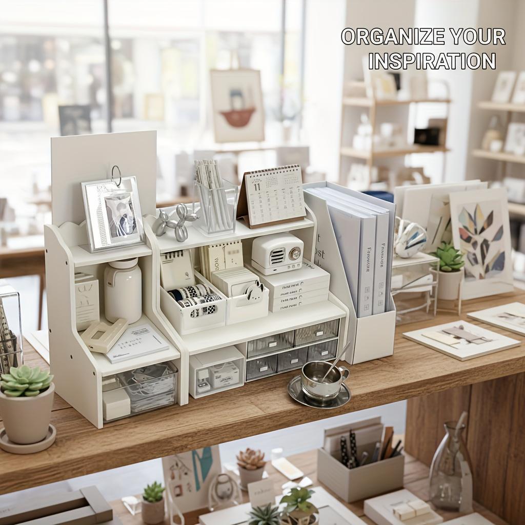 Minimalist White Desktop Organizer Shelf – Multi-Use Storage Rack for Books, Cosmetics & Office Supplies, Space-Saving Desk Organizer for Dorm, Bedroom & Home Office