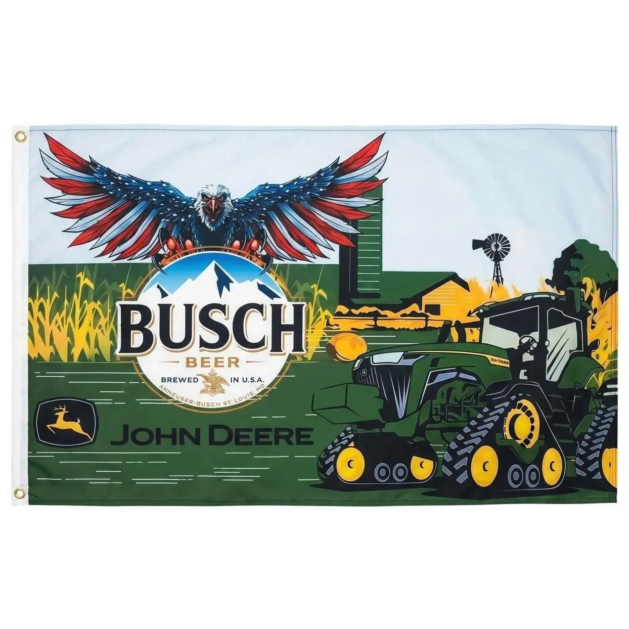 Busch Beer John Deere Tractor Flag 3x5 Ft, Eagle Farm Country Polyester Wall Banner with Brass Grommets, Farmer Garage Man Cave Decor, College Dorm Room Outdoor Party Gift for Beer and Tractor Fans Collectors, Gift For Him , Gift For Her.