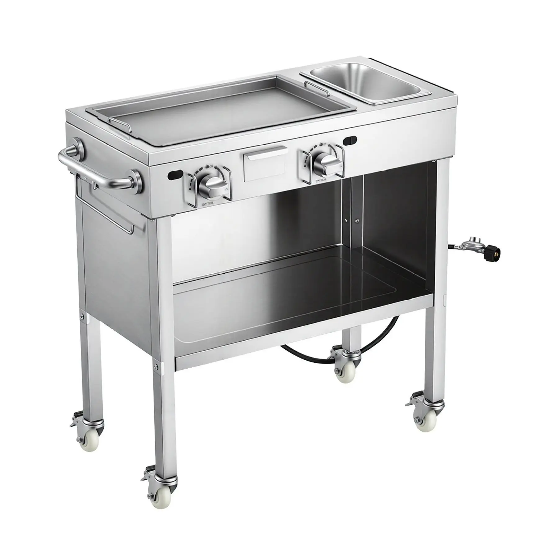 Propane Griddle 2 Burner, Stainless Steel Outdoor Gas Griddle Cart, 23,200 BTU, Lockable Wheels, 1/3 Food Pan, Ideal for Burgers,  Dogs & Commercial Use Default
