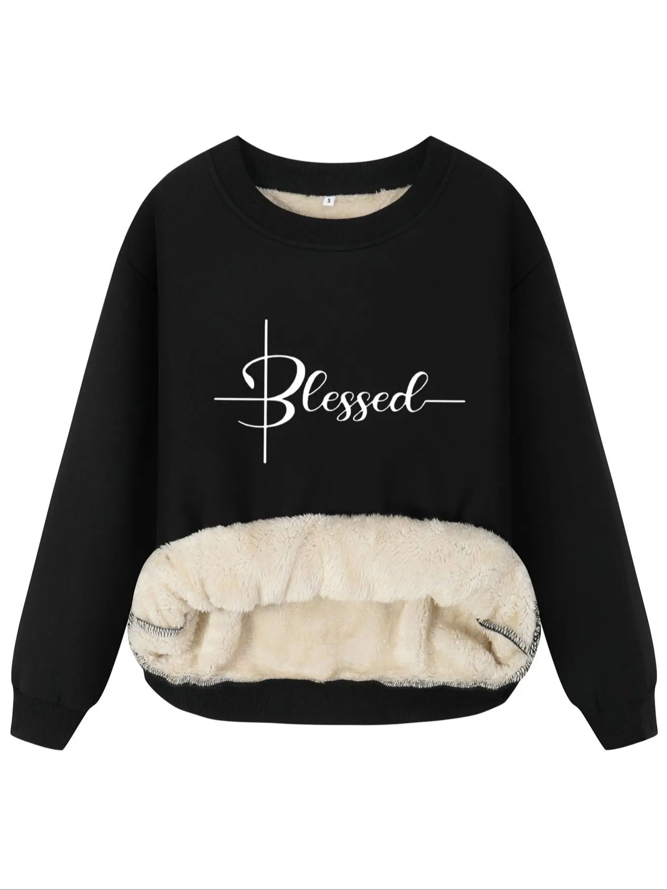 Women's Letter Print Drop Shoulder Thermal Lined Pullover, Casual Long Sleeve Crew Neck Sweatshirt for Fall & Winter, Women's Clothes for Daily Wear, Tops, Womenswear, Round Neck