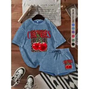 Two-Piece Set Women's Cherry Print Tee & Leopard Print Shorts, Casual Short Sleeve T-shirt & Shorts, Ladies Summer Clothes for Daily Wear, Suits, Stretchy Outfit Sets