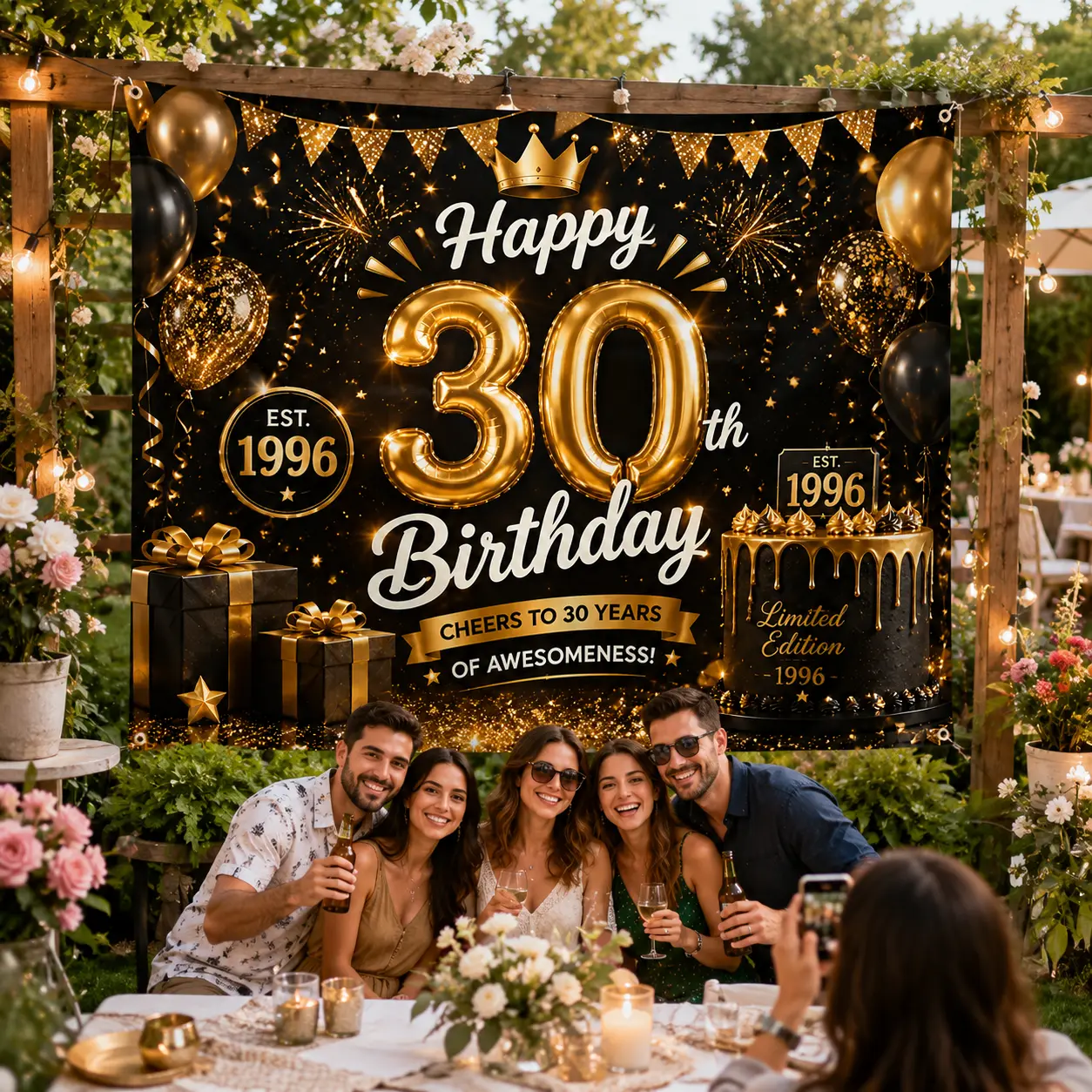 Black Gold Milestone Birthday Backdrop Tapestry for Men Women, Happy Birthday Party Banner, Photo Booth Wall Hanging for 18th 20th 30th 40th 50th 60th 70th Birthday Decorations