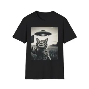 Men's cat with UFO, alien encounter, quirky pet humor Graphic T-Shirt - Short Sleeve Crew Neck Regular Fit Casual Wear | Soft & Breathable Fabric, Durable Print, Everyday Comfort, Machine Washable, whimsical and surreal a cat taking a selfie with a flying