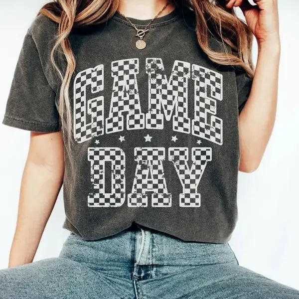Comfort Colors checkered game day shirt with baseball vibes. Soft cotton sports mom tee, perfect gift for her and a stylish staple in women’s wear.