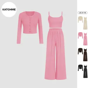 KatchMe Women's Minimalist Slim Camisole & High Waist Trousers with Long Sleeve Cardigan Three-Piece Set, Solid Color Co-ord Set, Basic Womenswear
