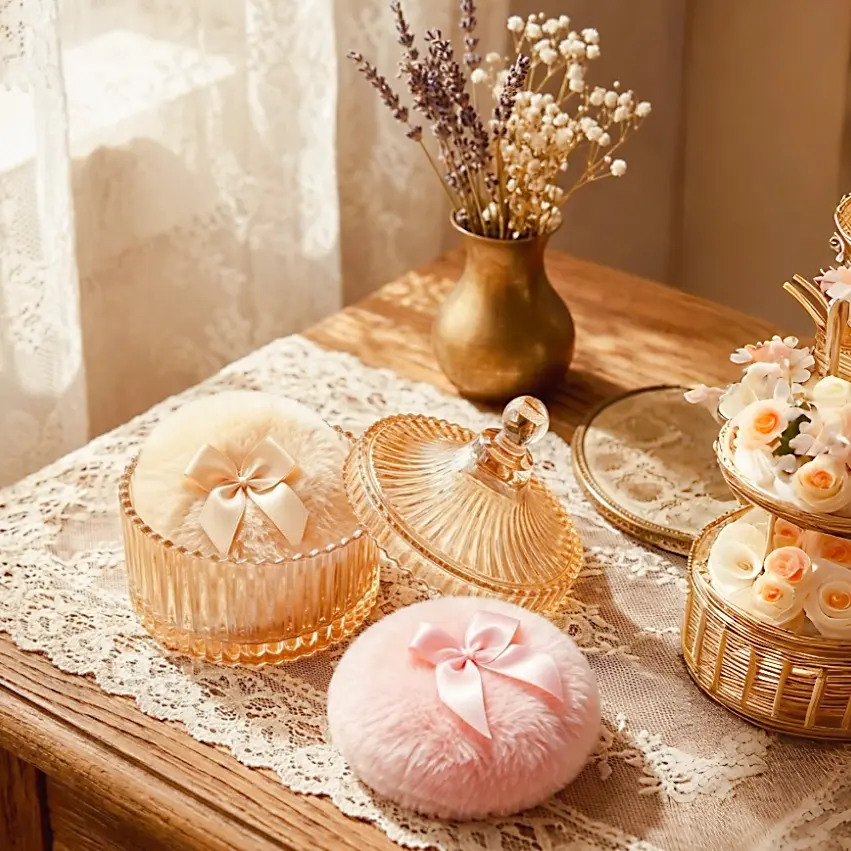Luxury Amber Crystal Glass Powder Puff Jar Set, Powder Puff Holder, Makeup Vanity Organizer, Cosmetic Storage Organizer, Jewelry Storage, Vintage Vanity Decor for Women