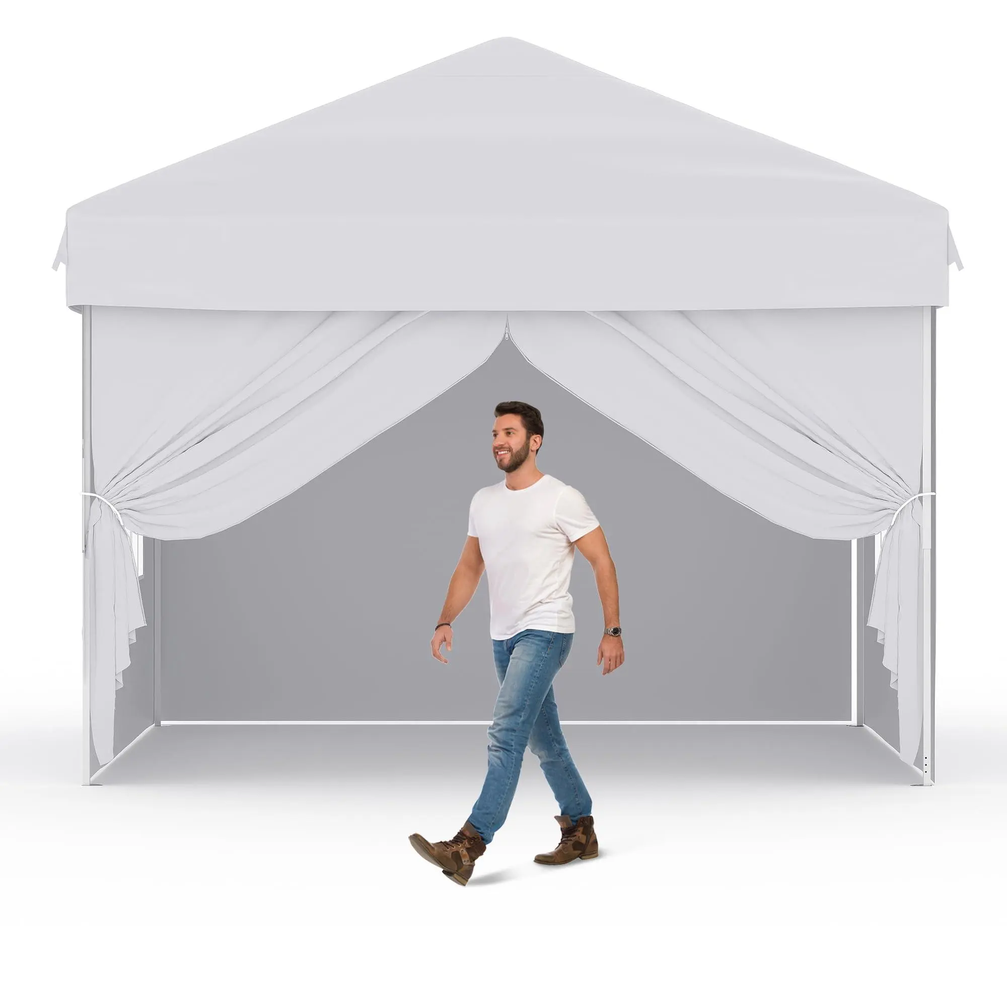 10'x10' Square Quick Set Sports Canopy Tent - 100 Sq Ft, Waterproof 210D Silver-Coated Truss Cover, UV Prevention, Adjustable, 4 Detachable Window Sidewalls, Carry Bag, Guy Lines, Ground Nails, Assembly Required, Outdoor Portable for Beach, Party Events,,