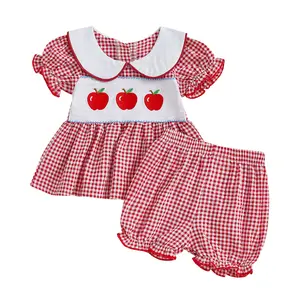 Toddler Baby Girl Back to School Clothes Apple Plaid Peter Pan Collar Puff Sleeve Dress T Shirt Tops Ruffled Shorts Summer Outfit