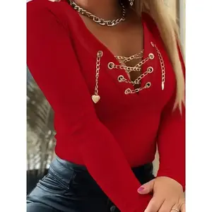 Women's Clothing Store Elegant Red Long Sleeve Blouse Cross Chain Accent Stretchy Top for Women Fabric Shirts