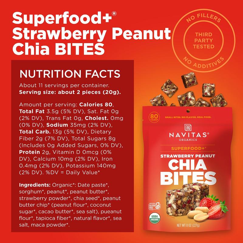 Navitas Organics Strawberry Peanut Chia Superfood+ BITES – Power Snacks – All Natural Plant Based – Clean Energy & Nutrition – USDA Organic, Non GMO, Gluten Free, Kosher, Vegan (8oz. Bag 11 Servings)