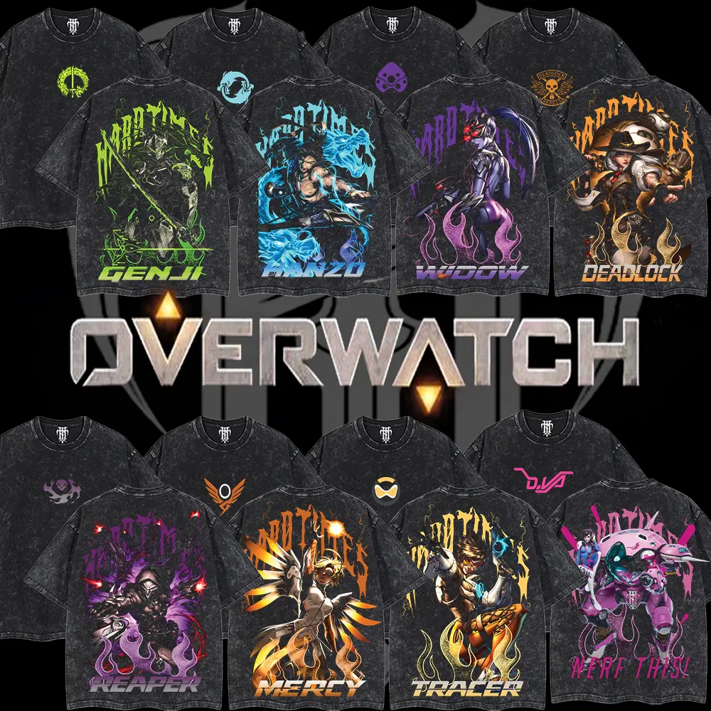 [Collection Overwatch] HardTimesClothing - Genji, Hanzo, Mercy, Tracer, Reaper, D.va, Deadlock, Widow Maker Men's Unisex Oversized Heavyweight Cotton Round Neck Manga T-Shirt - Casual Streetwear, Retro Vintage Style, Acid Street Aesthetic,