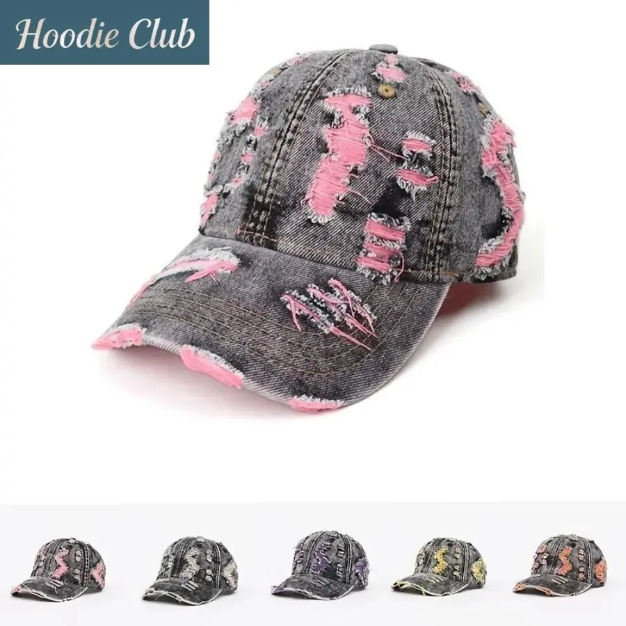 Unisex Distressed Washed Vintage Denim Baseball Hat - Pink Frayed Hem Adjustable Snapback Cap, Lightweight Breathable Sun Protection for Streetwear Outdoor Use, Summer Casual Outfits Gift Idea, Adjustable Caps, Hats, Casual Outfits Cap