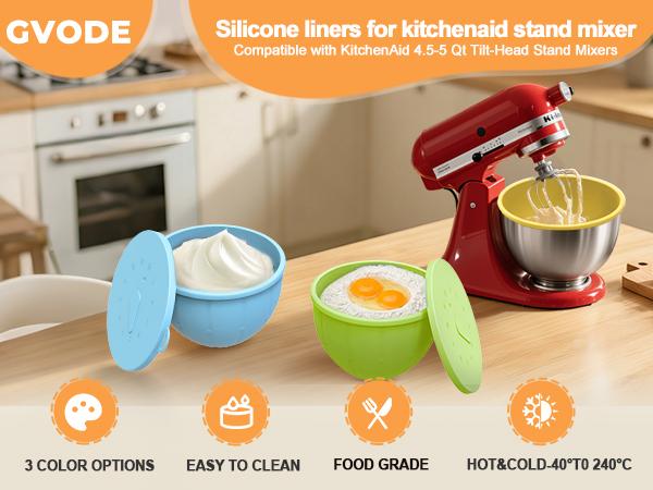 Silicone Bowl Liners for KitchenAid Mixer,Fits 4.5-5Qt Tilt-Head,Thickened Odorless Non-Stick Kitchenaid Silicone Bowl Liner, Dishwasher Safe Easy Clean,3 Pack with Lids,Kitchen Bowls, Food StorageBowl, Kitchenware