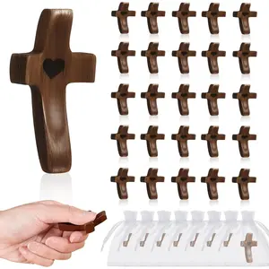 Brevynx Handmade 25Pcs Pocket Wooden Cross Fidget in bulk with Organza Bags - Stress Relief Cross My Heart for Christian, Religious Easter Day Gifts