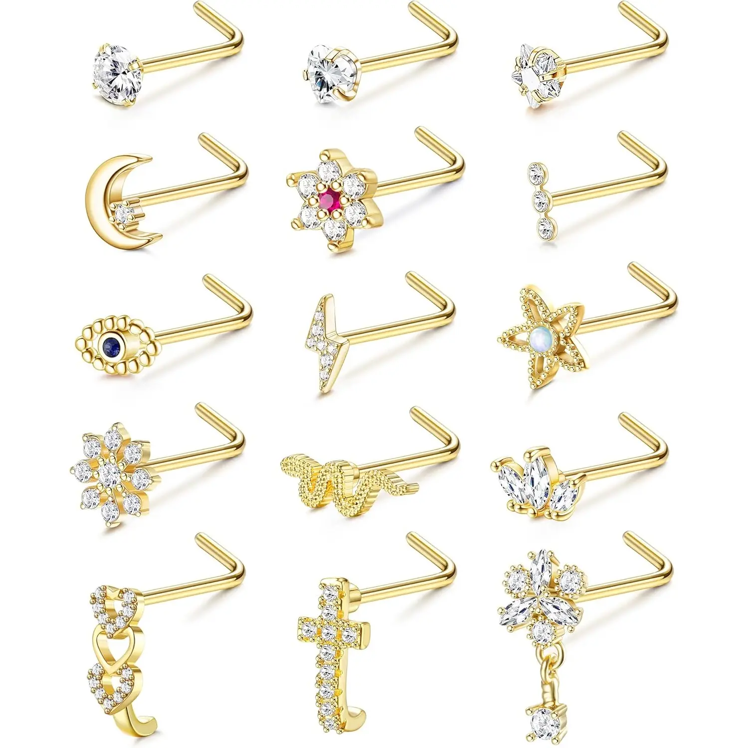 Affordable 20g (0.8mm) Steel Screw-Shaped Nostril Piercing Rings - 15 Pcs Unisex Body Jewelry with CZ Shine Accents, Shiny Zircons, Snake Flower, Star, Heart, Geometric Designs, Silver & Gold for Daily, Casual Use