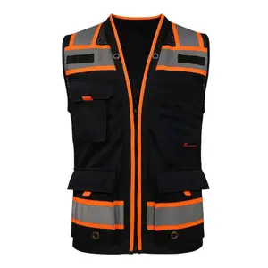 Black/Orange Safety Vest With Rear Pocket - Reflective Strips and Multiple Pockets for Enhanced Visibility