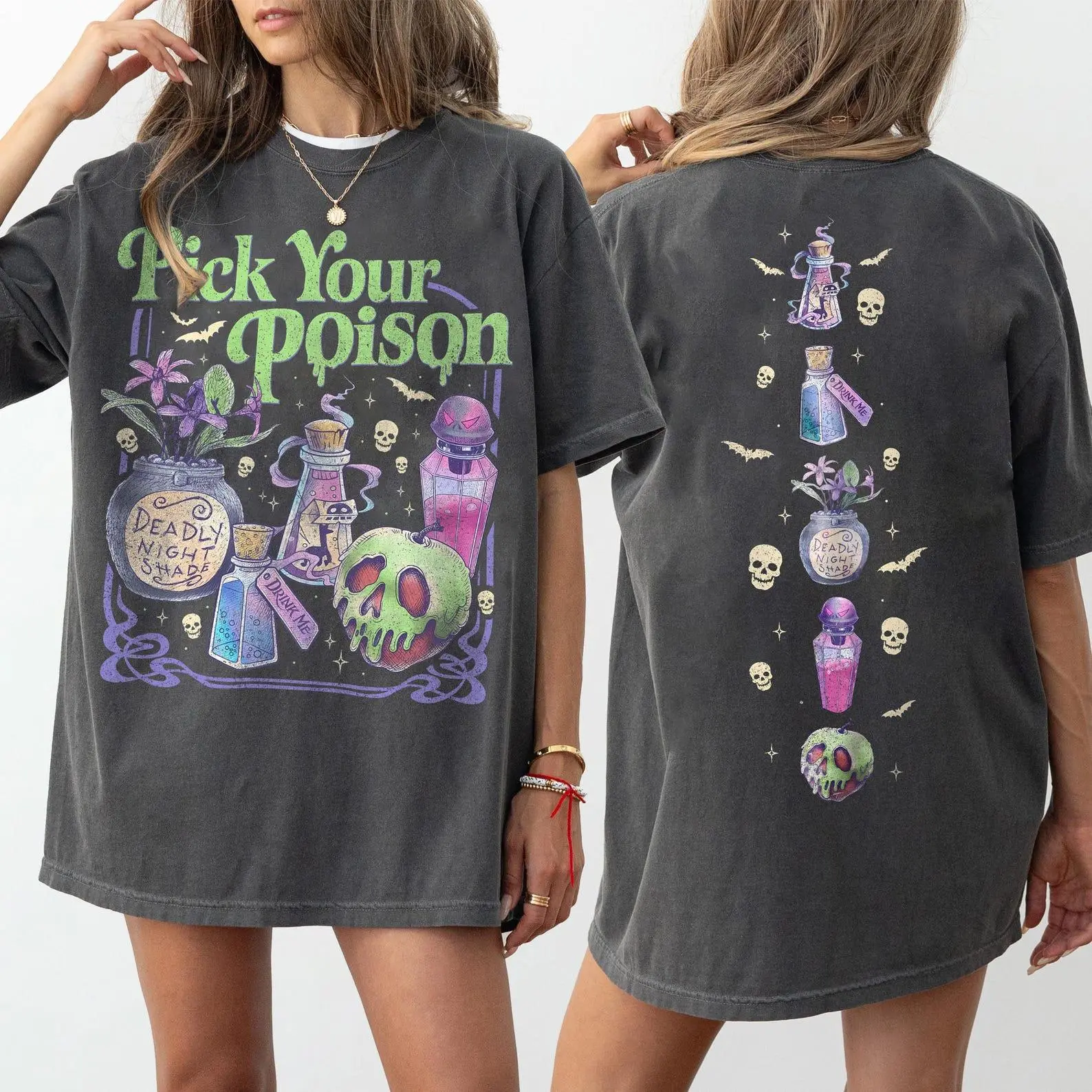 Comfort Colors Pick Your Poison T-Shirt, 2-Sided Halloween Graphic Tee, Princess Villain Inspired Shirt, Retro Spooky Season Outfit Gift