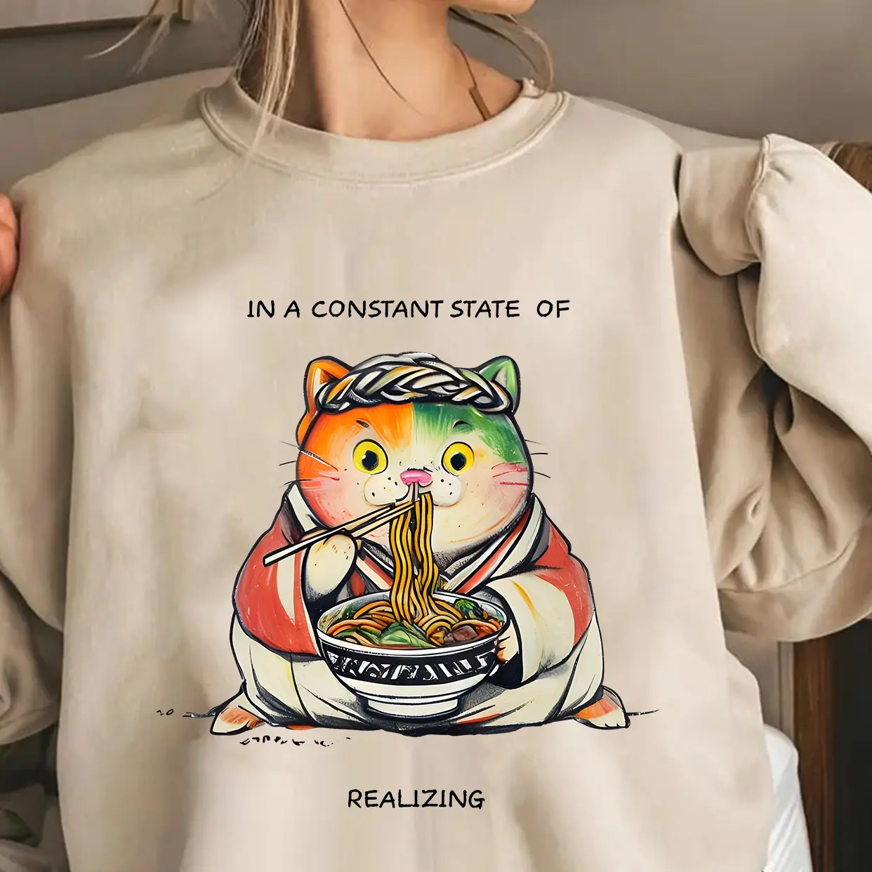 Funny Cat Noodle Sweatshirt for Adults - 'In a Constant State of Realizing' Whimsical Design, Cozy and Unique Gift for Food and Cat Lovers