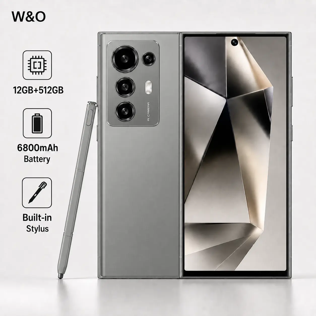 W&O 5G Smartphone, 12GB+512GB, 6.8-Inch HD Display, 6800mAh Battery, Built-in Stylus, Android 14, 50MP Camera, Octa-Core, Dual SIM Card Fingerprint Rear Memory Metallic Navigation Retractable Screen Streaming Touchscreen Usb Cellphone
