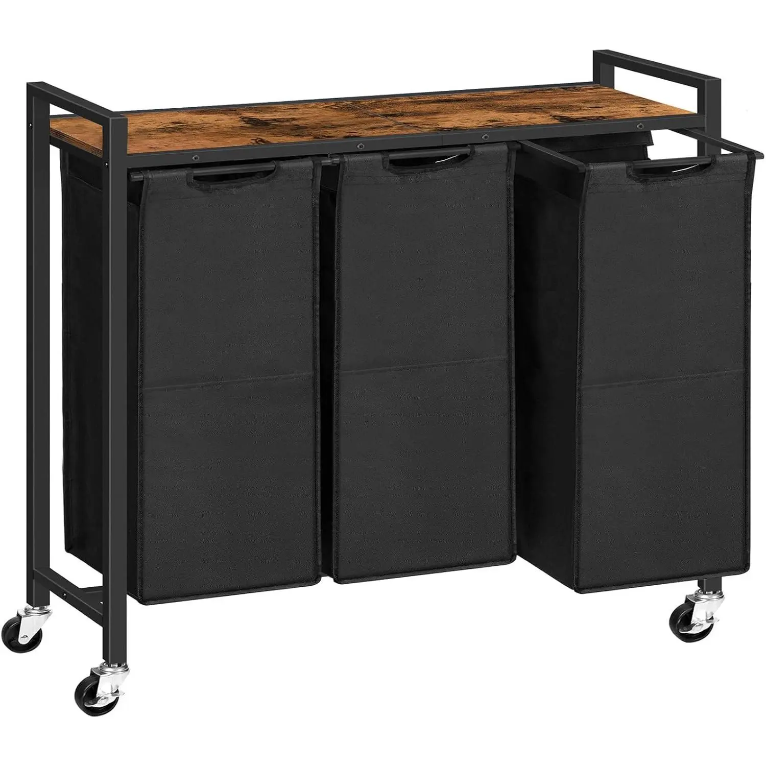 Laundry Sorter 3 Section, Laundry Hamper with Wheels, 3 x 11.5 Gal (43.5 L), Rolling Laundry Basket, Pull-Out and Removable Oxford Fabric Laundry Bags, Rustic Brown and Black BF76XY01