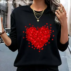 Ladies Summer Casual Sweatshirt – Heart Print Round Neck, Comfortable Long Sleeves