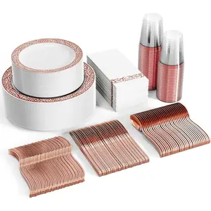 350 Ct Rose  Dinnerware Set for 50 Guests, Rose  Lace Plastic Plates Disposable Heavy Duty, Including 50 Dinner & Dessert Plates, Cups, Napkins, Cutlery Set