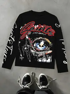 Men's Loose Fit Saints & Tears Gothic Graphic Print Long Sleeve Shirt, Decorative Religious Eye Pattern, Soft Fabric, Streetwear Style