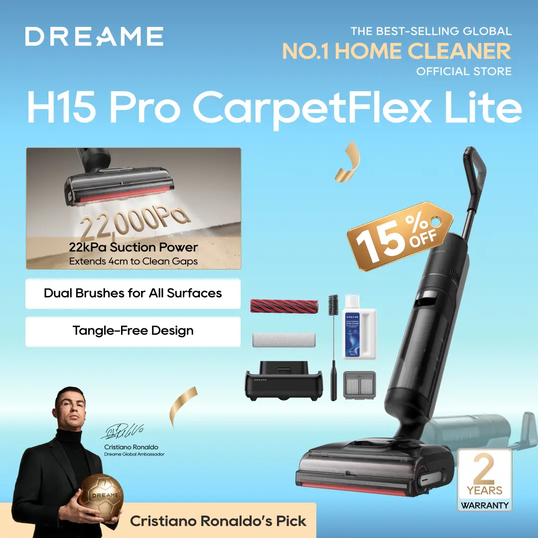 DREAME H15 Pro CarpetFlex Elite Cordless Vacuum Mop, Wet Dry Vacuum Cleaner with Dual Brushes for Hard Floors & Carpet, Tangle-Free Hair-Cutting, 22kPa Suction, 180° Lie-Flat Floor Washer, 194°F Fast Drying
