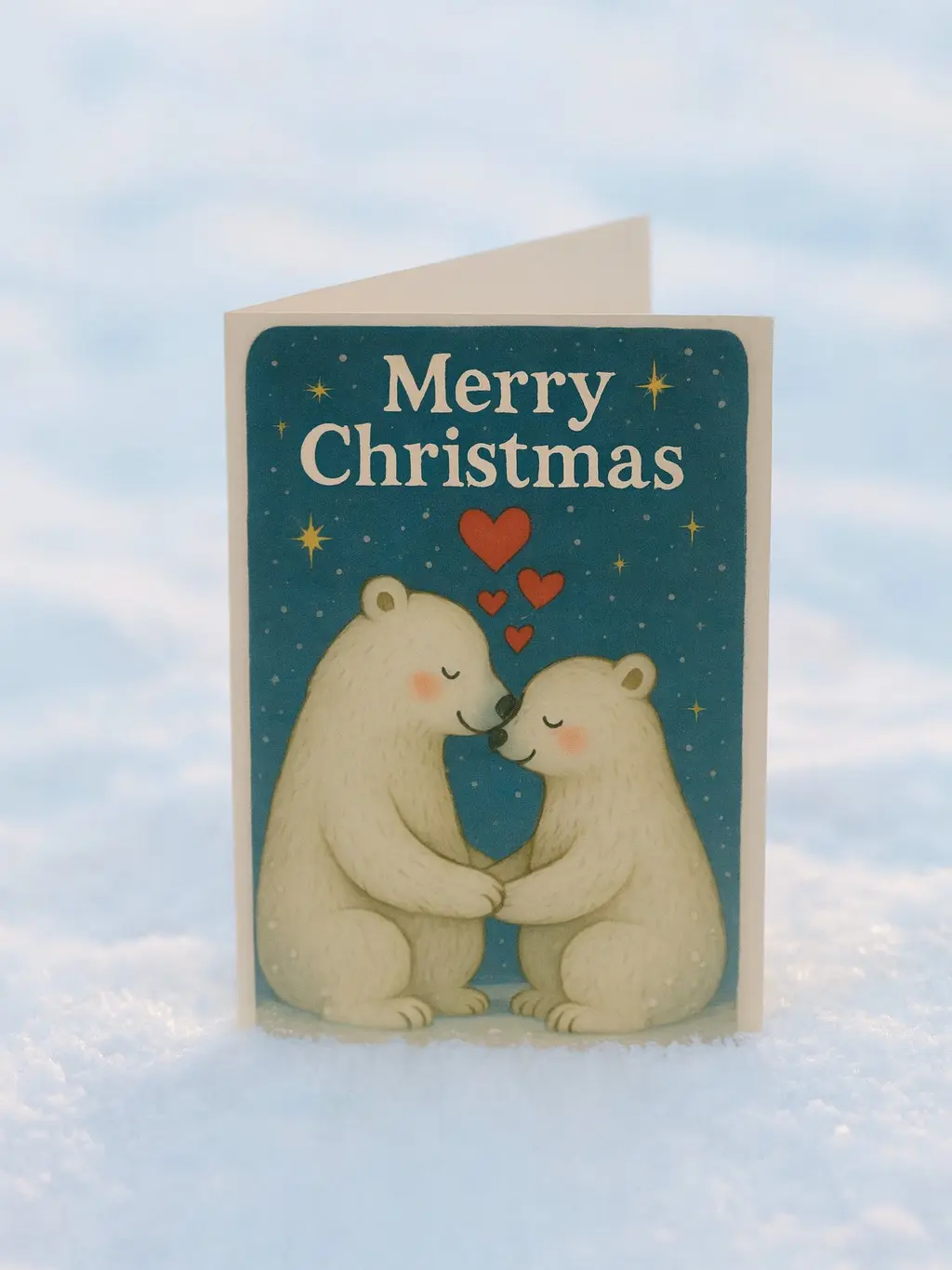 Cute Polar Bear Christmas Card – Romantic Holiday Greeting Card – Winter Love Card with Bears and Hearts – Cozy Christmas Couple Card