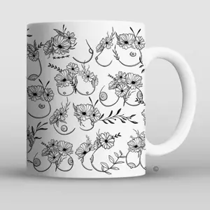 Floral Line Art Coffee Mug, Minimal Boobs Flower Sketch Design, Modern Aesthetic Ceramic Mug for Art Lovers & Adults, Sassy Sarcastic Gift for Friends Roommate Husband Wife