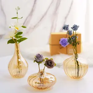 Set of 3 Gold Ribbed Design Glass Flower Bud Vases, Table Centerpiece Taper Candle Holders - Assorted Sizes