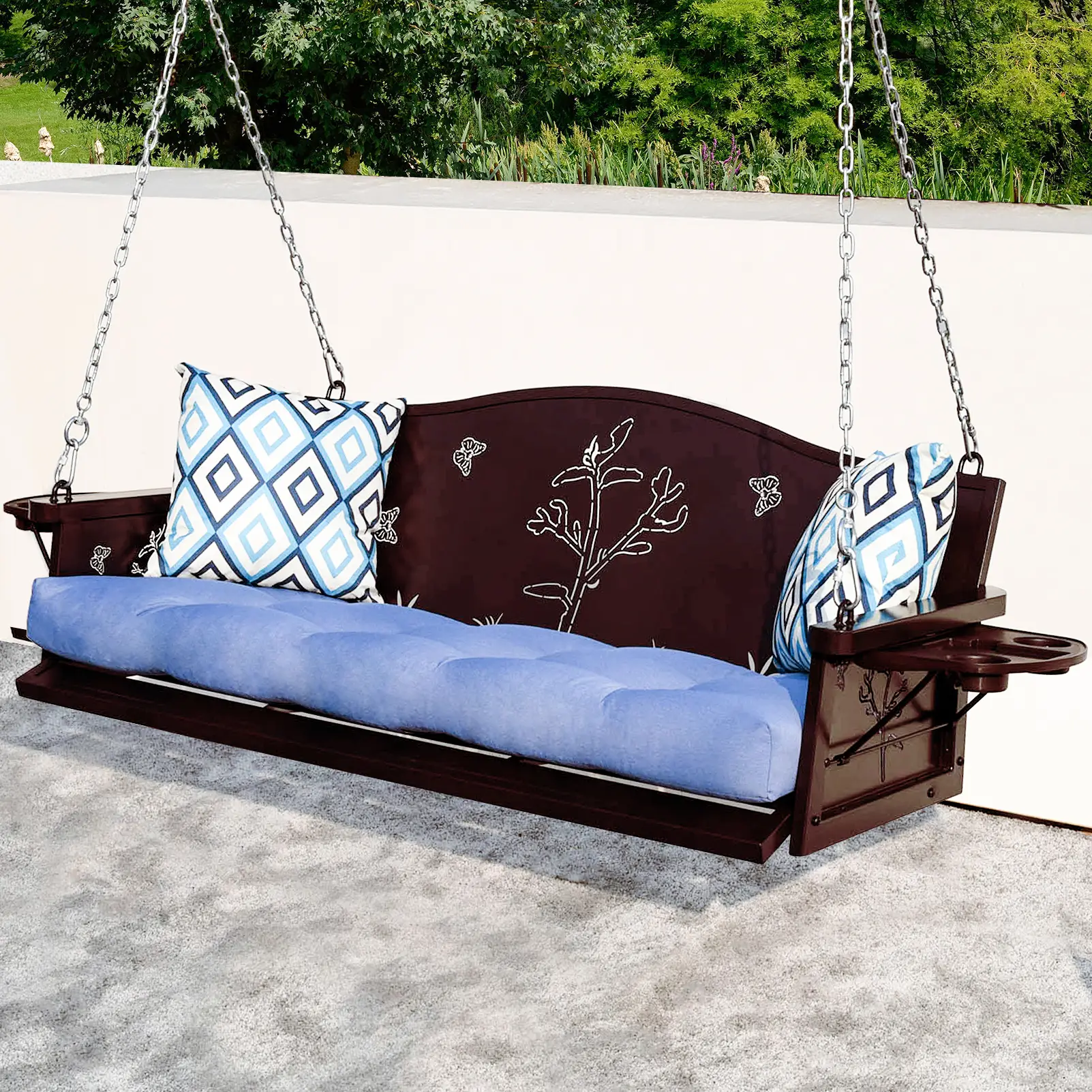 3-Seat Metal Hanging Porch Swing – Outdoor Patio Bench with Comfortable Cushions and Sturdy Frame – Perfect for Relaxing and Enjoying Your Garden or P