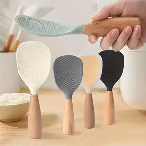 Wooden Handle Silicone Rice Spoon, 1 Count Non-stick Rice Cooker Spoon, Nonstick Cooking Spoon, Kitchen Utensils for Restaurant Kitchen, Kitchen Gadgets
