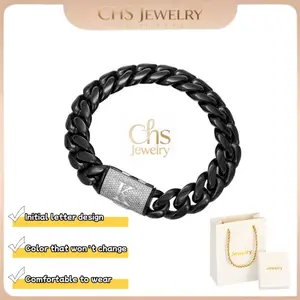 【Letter Lock】Capital Initial A-Z 26 Letters |   Black chain with silver clasp |   Chunky Silver Cuban Link Bracelet with Diamond-Cut Letters | 14mm Stainless Steel Men's Punk Rap Jewelry, Hip Hop Gift for Daily Stacking & Parties 7.5/8.5in Adjustable