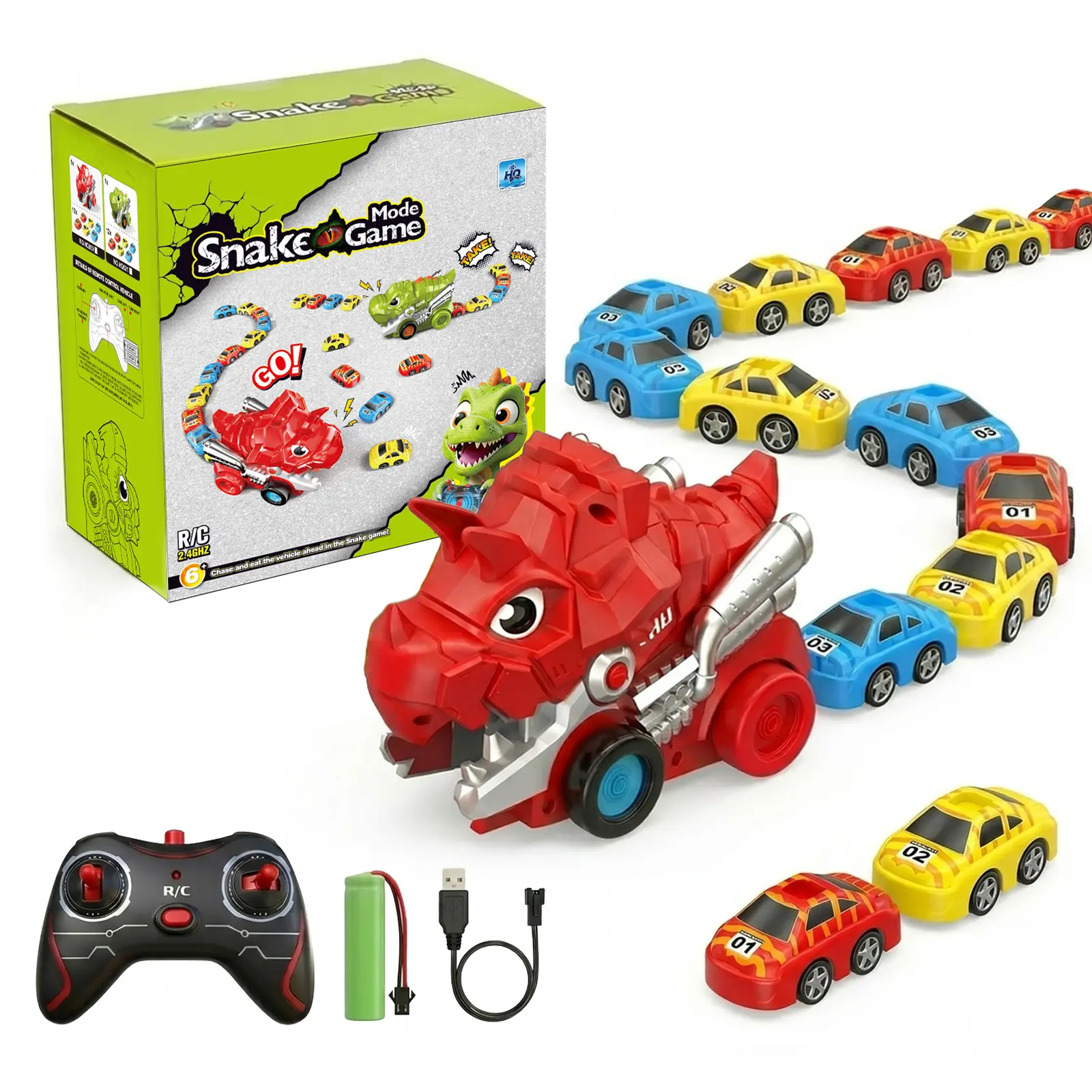 Dinosaur Remote Control Car Toy, Magnetic Dino Truck with 12 Mini Cars, Connectable Snake Train STEM Toy, Birthday Gift for Kids Ages 4-12