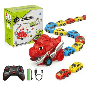 Dinosaur Remote Control Car Toys for Boys Ages 3-12, Dino Truck with Magnetic Eating Function & 12 Linkable Mini Cars Transforming into a Snake Chain, Cool Birthday for Kids 4-8 8-12