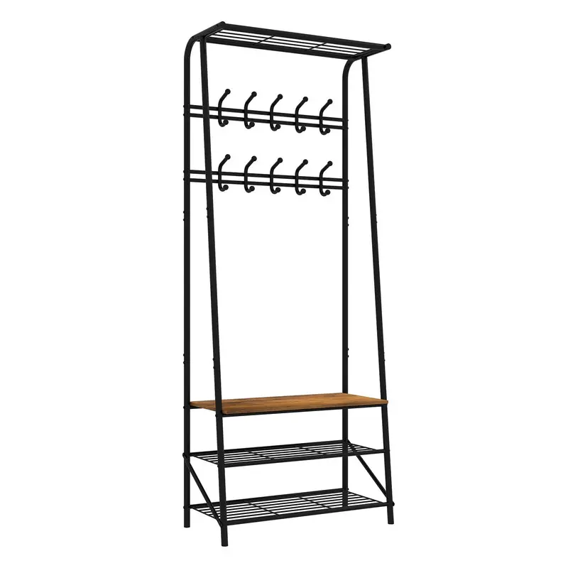 Coat Rack Shoe Bench with 5/10 Hooks, Hall Trees Entryway Bench with Storage for Entryway, Living Room, Bedroom, Brown