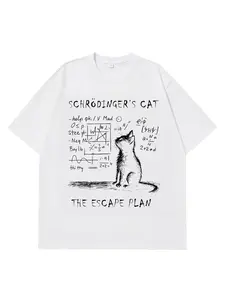 Quantum Cat Physics Creative Print Summer Short Sleeve Polyester T-Shirt, Unisex Street Casual Loose Fit Tee for All Seasons