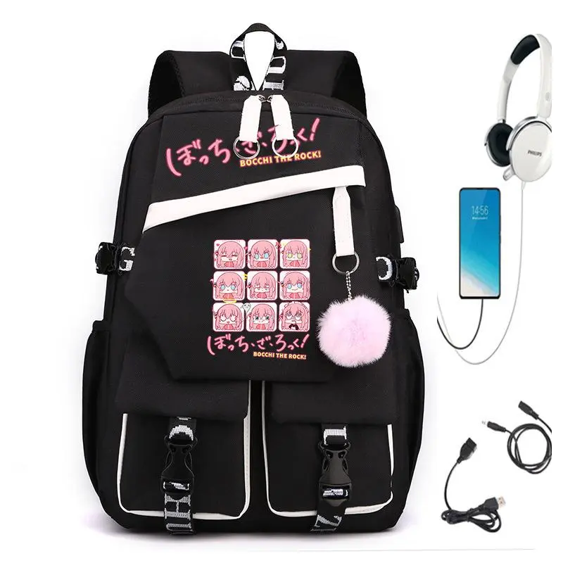 Black Pink Backpack, 4 Grid Comic Print School Bag with Pink Pom Pom Charm, USB Charging Waterproof Oxford Large Capacity Daypack for Anime Fans Girls