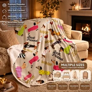 1pcs Dopamine Dachshund Pattern Flannel Blanket, Soft, Comfortable, Vibrant Multiple Dachshund Print, Perfect Home Decoration for Living Room, Bedroom or Outdoor Patio, Gift Blanket for Son, Daughter, Family, Friends